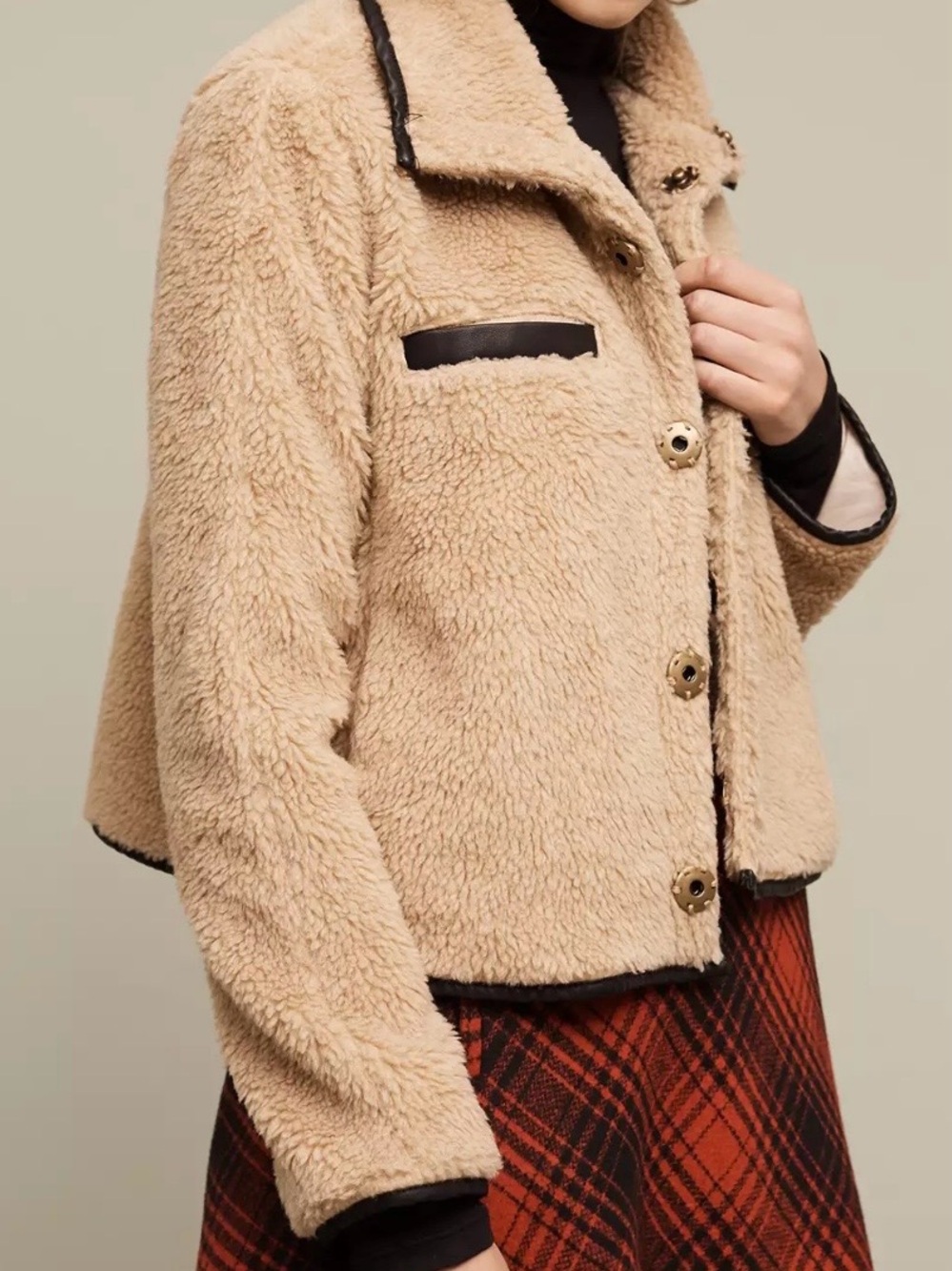 MOTHER Beige Sherpa swing Teddy Jacket with Black Trim